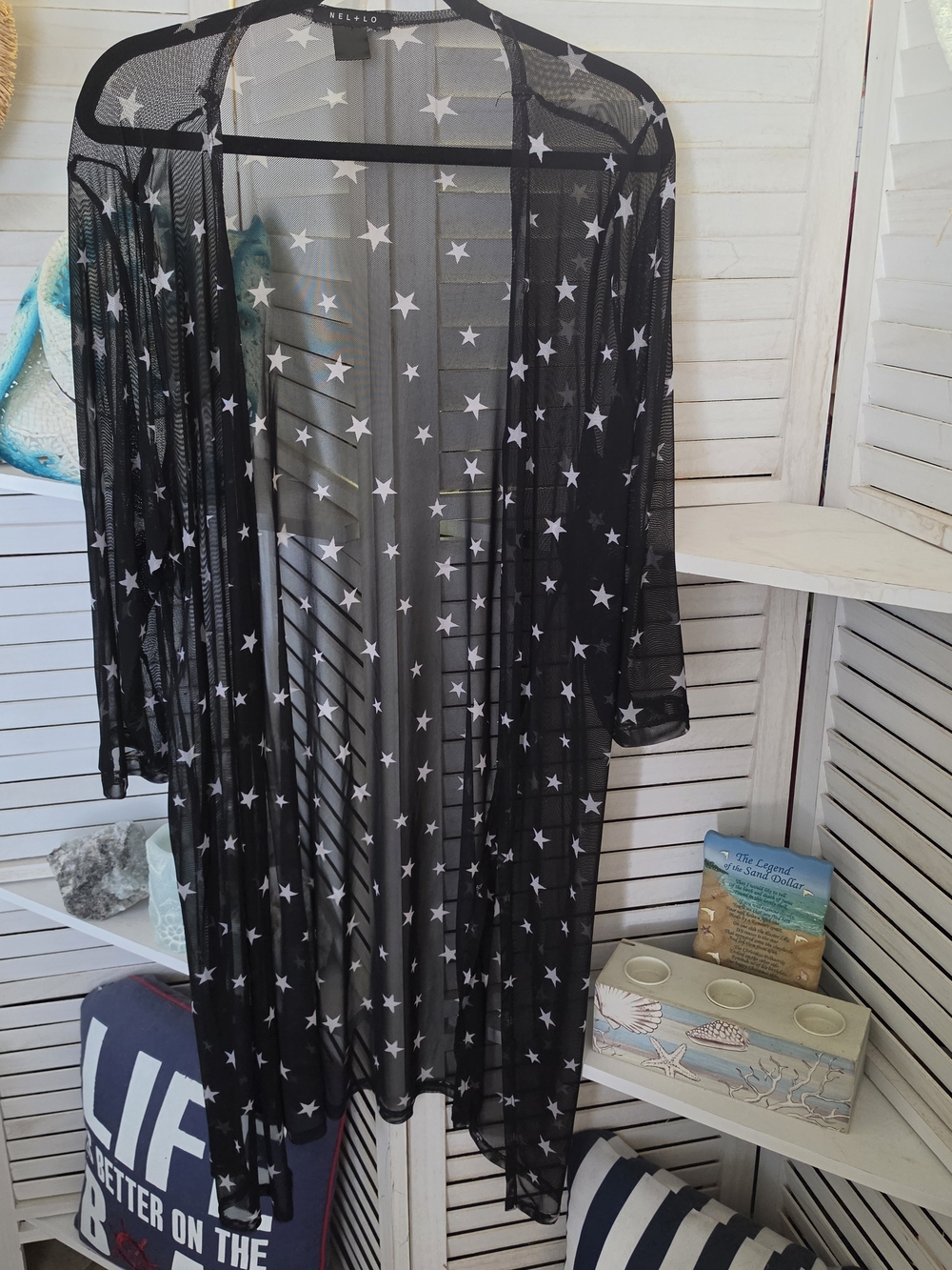 Sheer Star-Print Black Swim Coverup Duster XL
